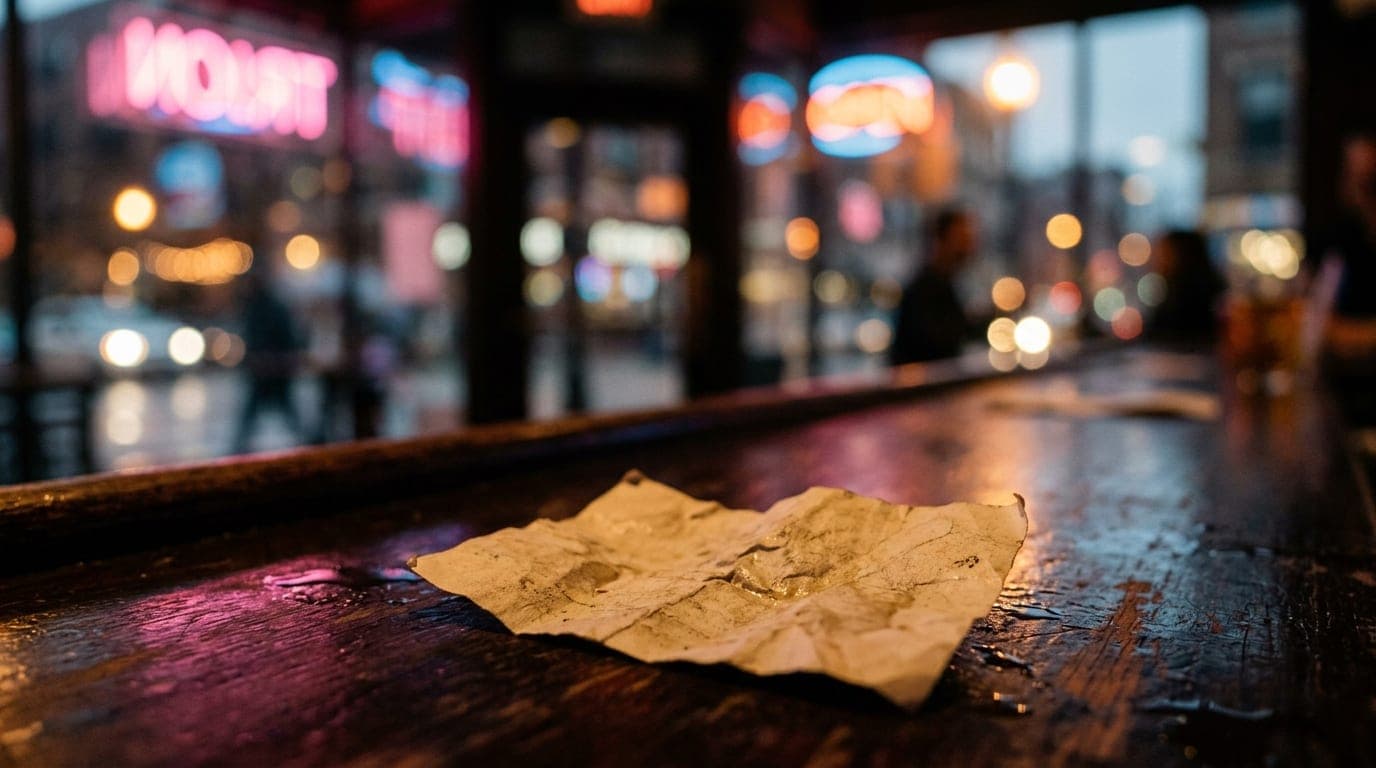 An extreme macro shot captures a discarded, crumpled "West Wing" trivia card resting on a mahogany dive bar counter, illum...