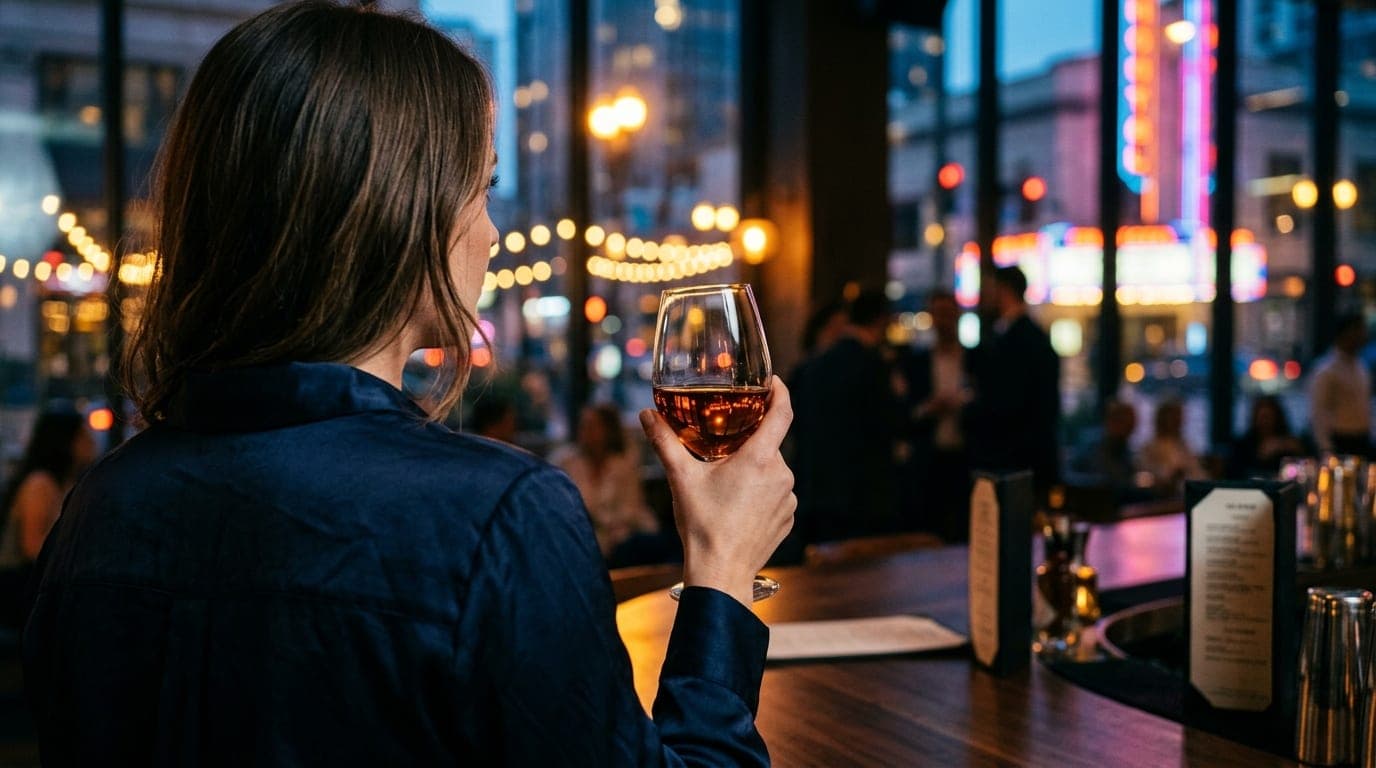 Over-the-shoulder, 100mm macro shot of a woman in a silk navy blouse holding a glass of amber wine. Blurred, glowing city...