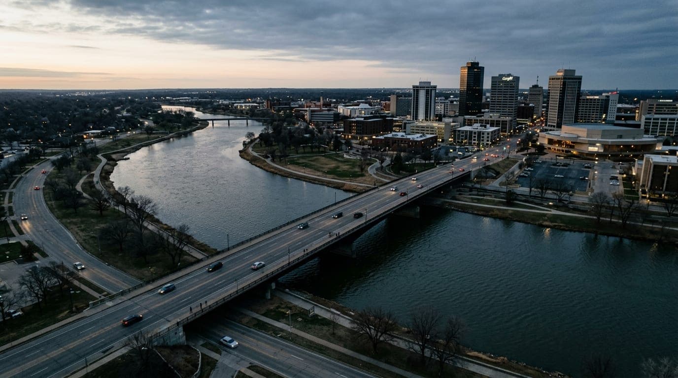 Overhead 35mm shot of the Douglas Avenue bridge in downtown Wichita at dawn. The Arkansas River flows beneath, with the ci...