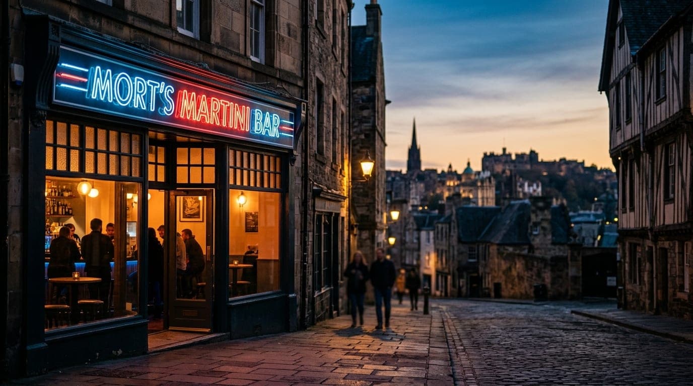 An 85mm wide establishing shot at dusk captures the glowing neon facade of Mort’s Martini Bar in Old Town. The warm tungst...