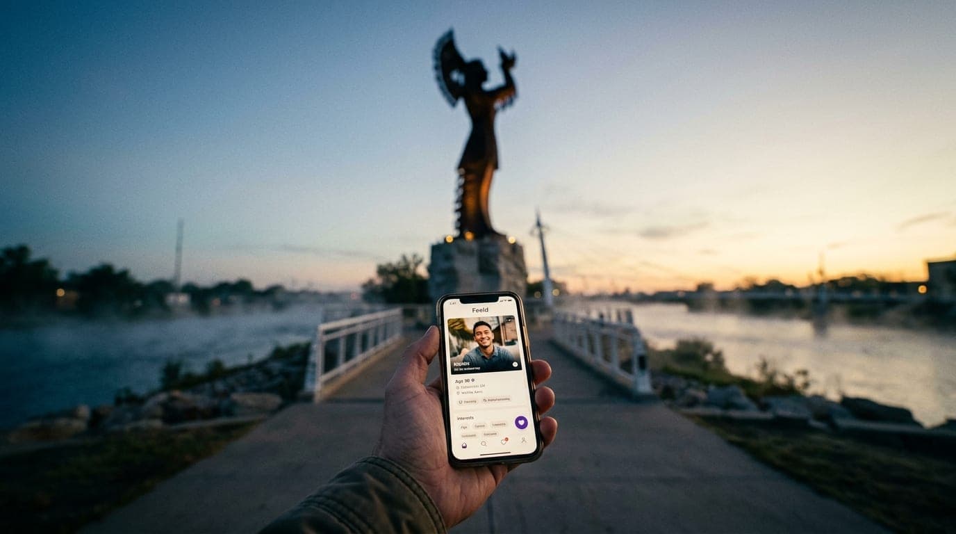 Low-angle hero shot with selective focus on a hand-held smartphone screen displaying a Feeld profile, positioned against t...