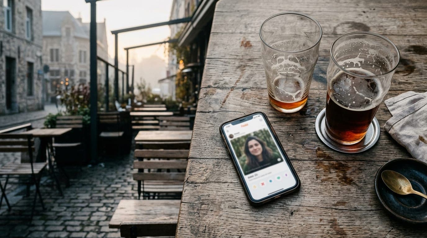 Overhead flat-lay on a weathered wooden brewery table. Two half-empty craft beer glasses sit beside a smartphone displayin...