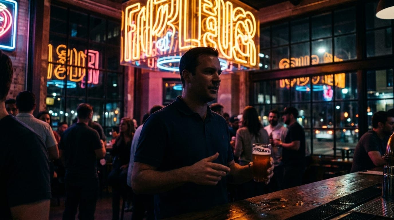 A man in a navy polo stands at a dimly lit craft brewery bar, holding a beer, silhouetted against the glowing golden neon...