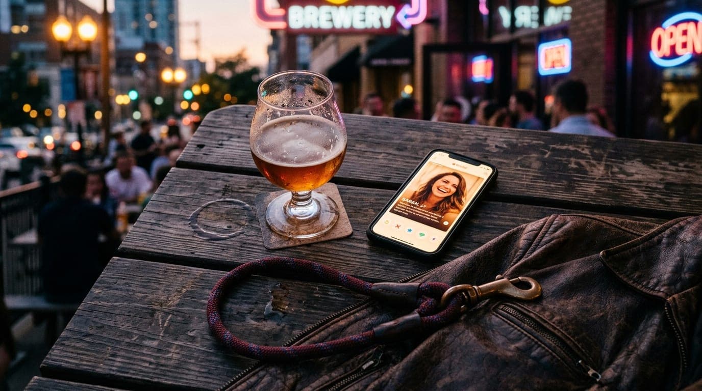 Overhead flat-lay of a wooden picnic table at Central Standard Brewing. A half-finished craft beer, a smartphone displayin...