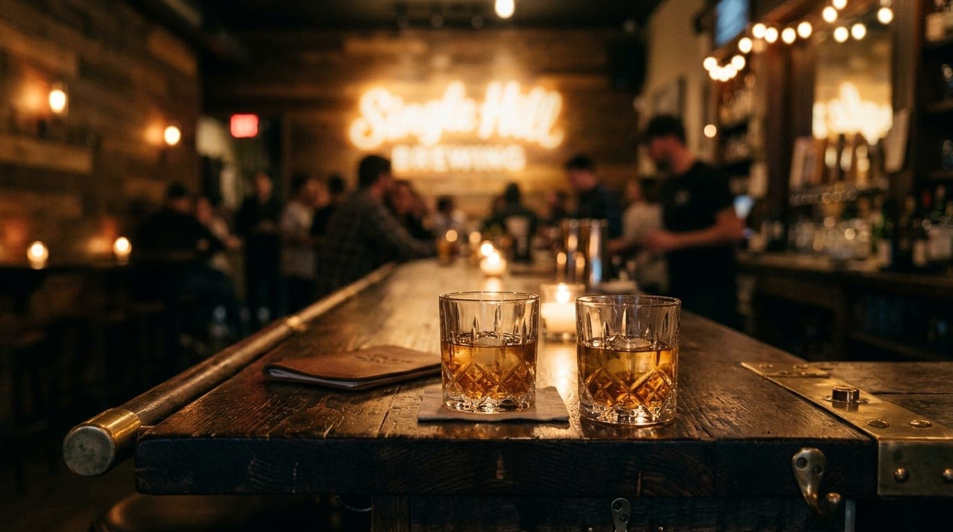 A medium shot of two whiskey tumblers resting on a dark wood bar. Through the selective focus, a blurred Single Hill Brewi...