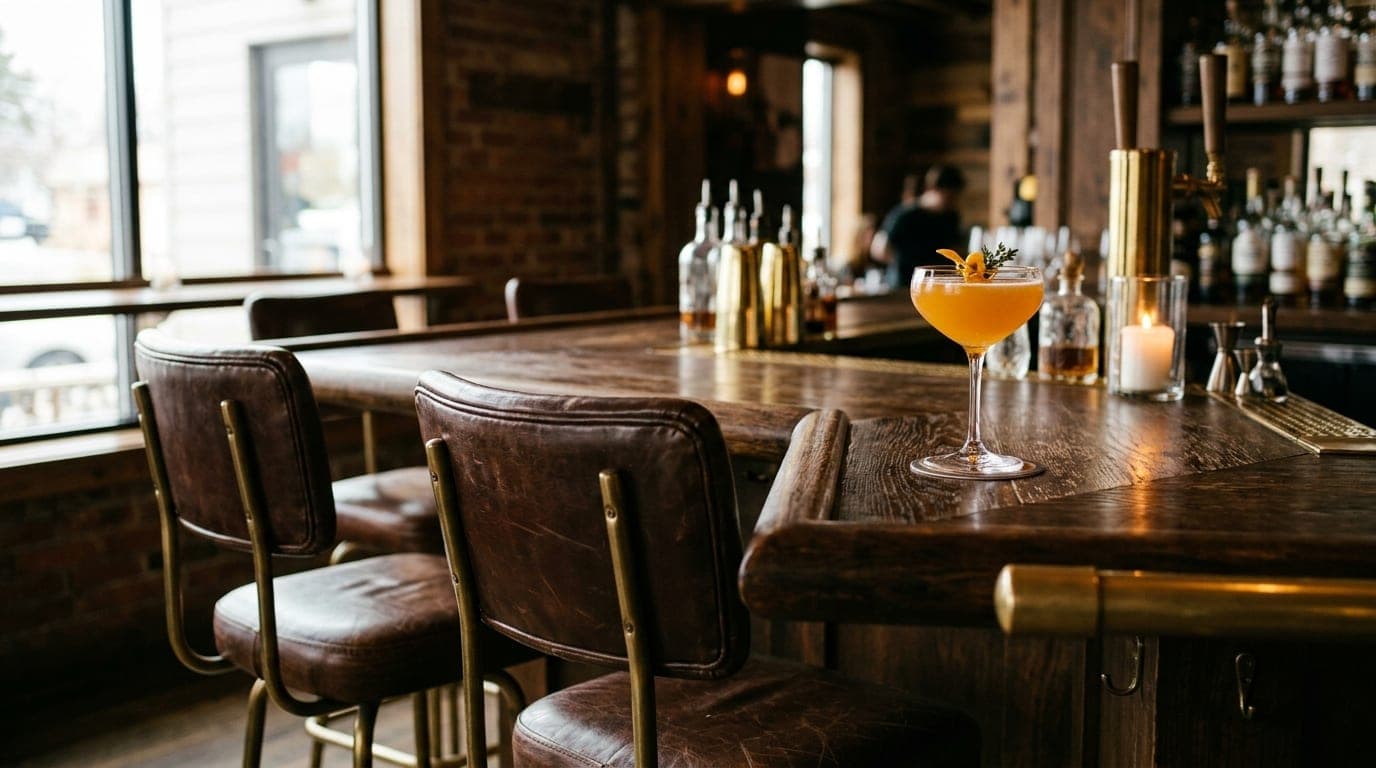 Two leather bar stools sit empty at the polished bar of Cowiche Canyon Kitchen. A single coupe glass containing a bright c...