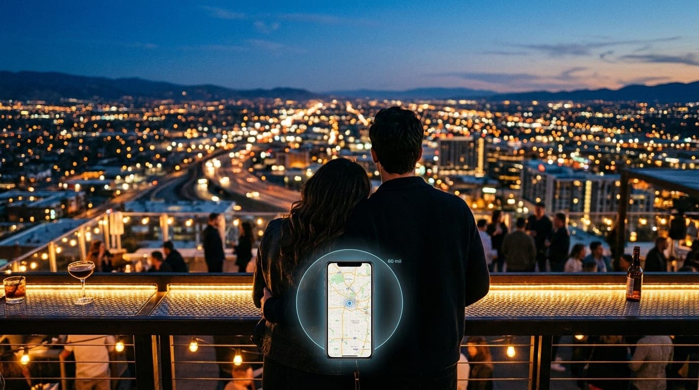 A couple stands at a rooftop bar overlooking a sprawling valley cityscape at blue hour. A smartphone showing a map with a...