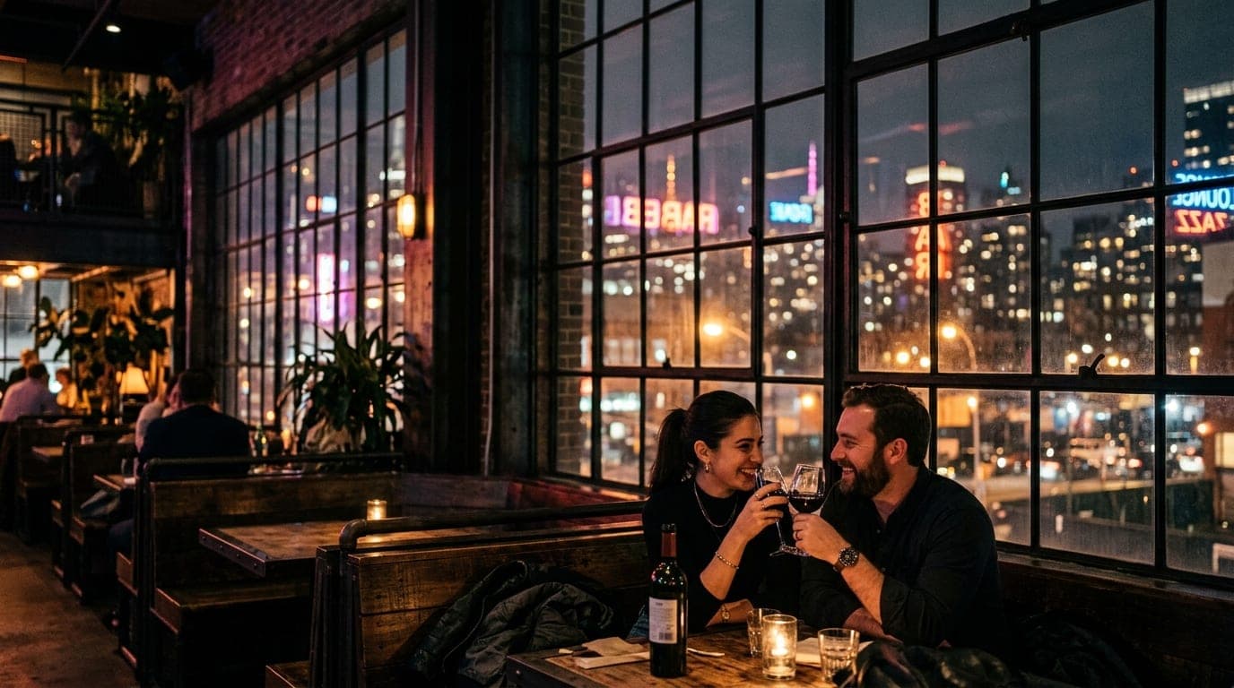A low-angle, wide shot of a couple sharing a glass of wine at a dimly lit, industrial-chic bar. City lights glow softly th...