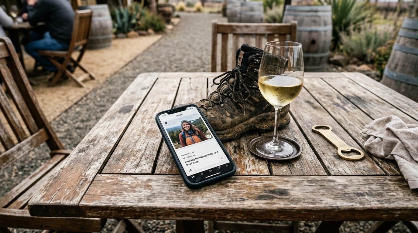 Tilt-shift selective focus on a worn wooden bistro table at a Yakima winery; a smartphone displaying a Hinge profile rests...