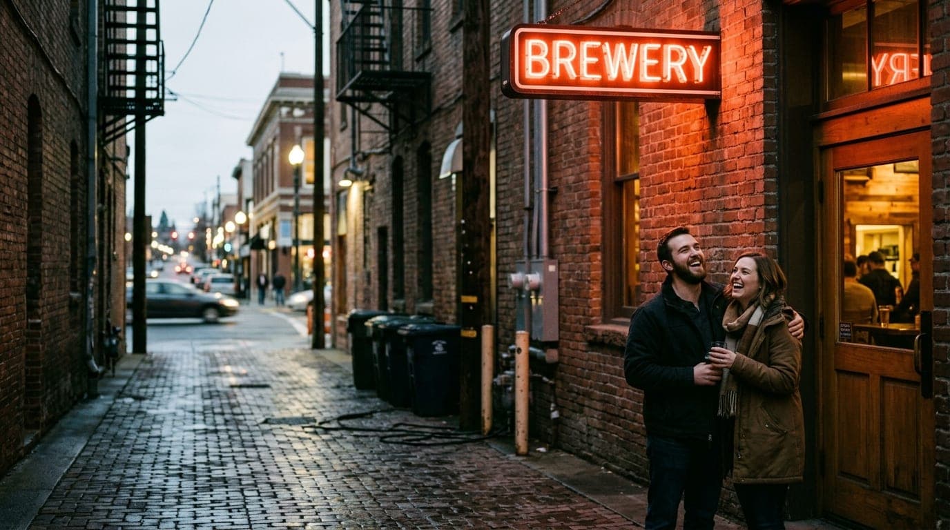 A wide 35mm establishing shot of a dimly lit downtown brick alleyway, capturing a couple laughing near the glowing neon si...