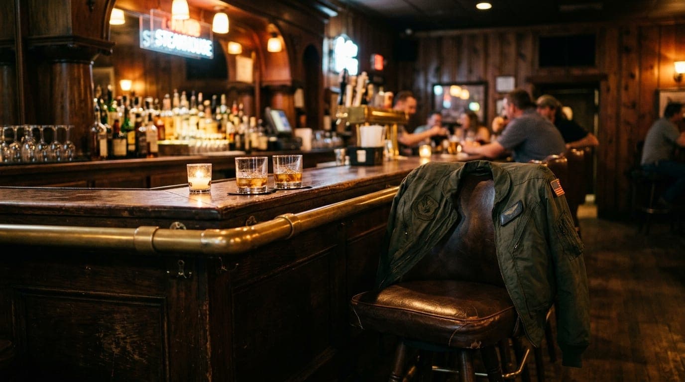 Wide 35mm shot of a dimly lit Abilene steakhouse bar. An unzipped flight suit jacket rests on a leather stool beside two h...