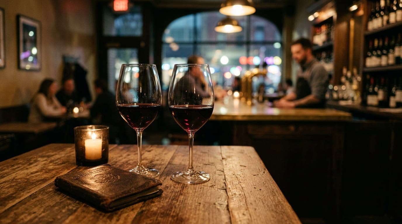 A medium shot at a candlelit wine bar. Two half-poured glasses of red wine sit on a reclaimed wooden tabletop, with a leat...