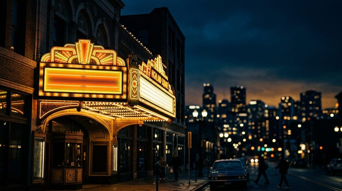 A low-angle, sharp-focus view of the iconic neon-lit Highland Square theater marquee at midnight, set against a dark, mood...