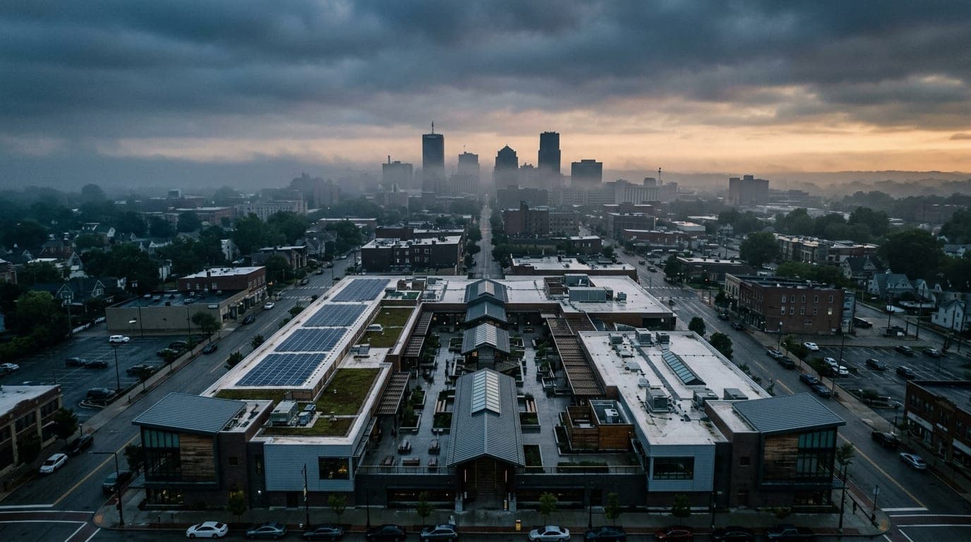 An overhead, symmetric flat-lay shot of the Mustard Seed Market rooftop in Highland Square at overcast dawn, capturing the...