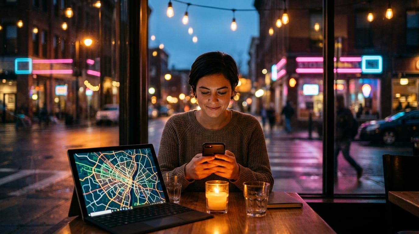 A medium shot, centered and symmetrical, of a person sitting at a candle-lit cafe table holding a smartphone, with a blurr...