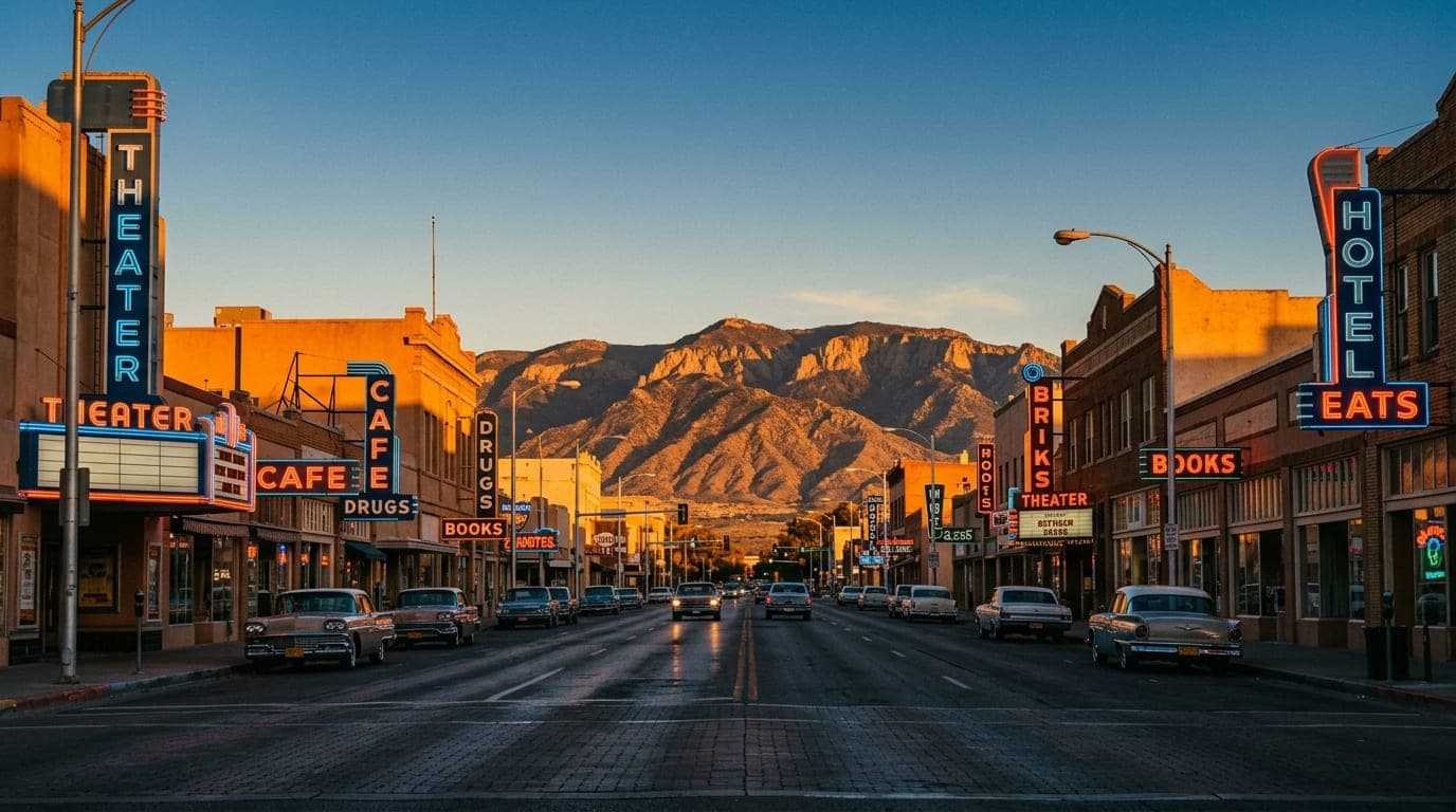 A 24mm wide-angle, symmetrical shot of the vibrant, neon-lit signage of the Nob Hill district at golden hour, capturing th...