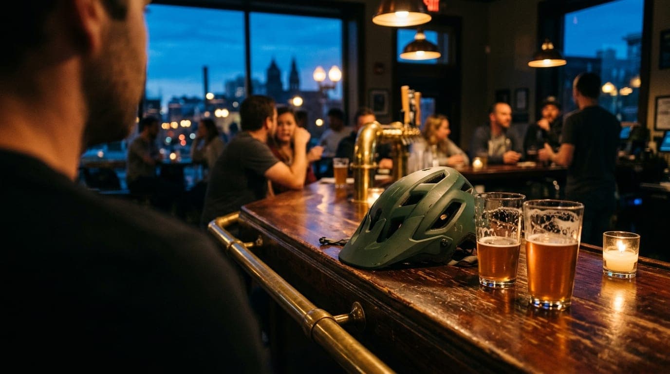 Over-the-shoulder view from a downtown brewery bar at blue hour. A mountain bike helmet sits on the dark wood counter next...