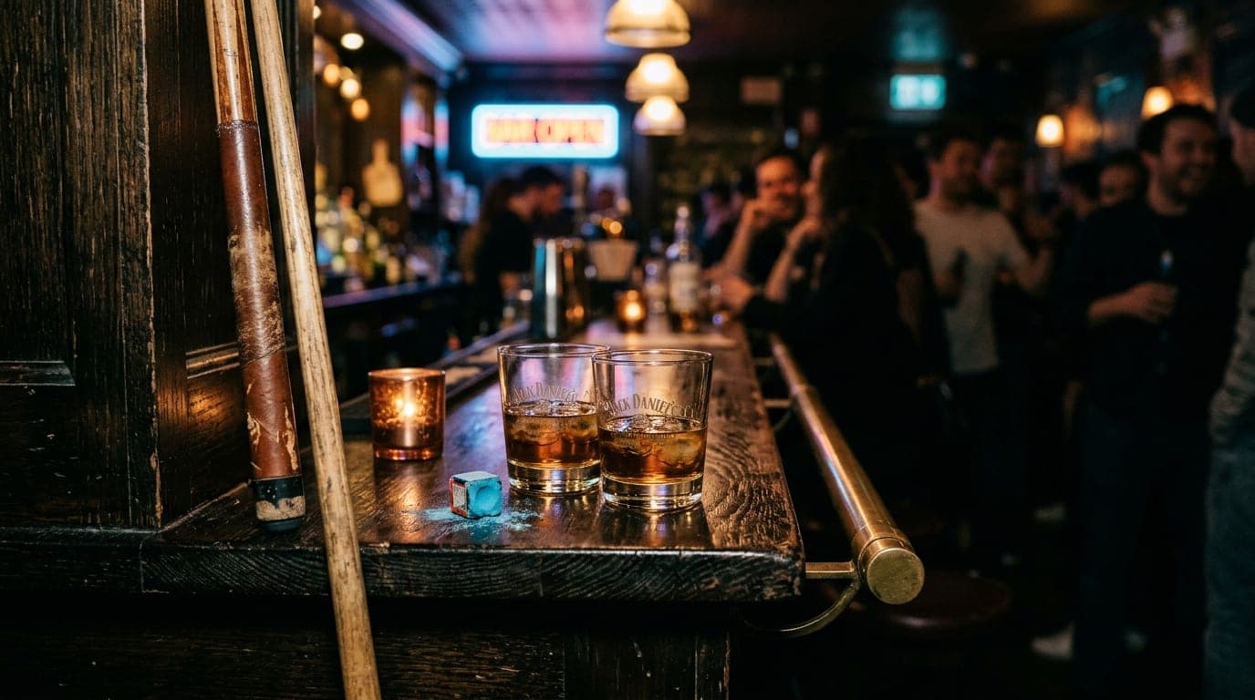 A low-angle, shallow-depth shot inside Anodyne. Two worn leather pool cues rest against the dark wood bar near a spilled c...