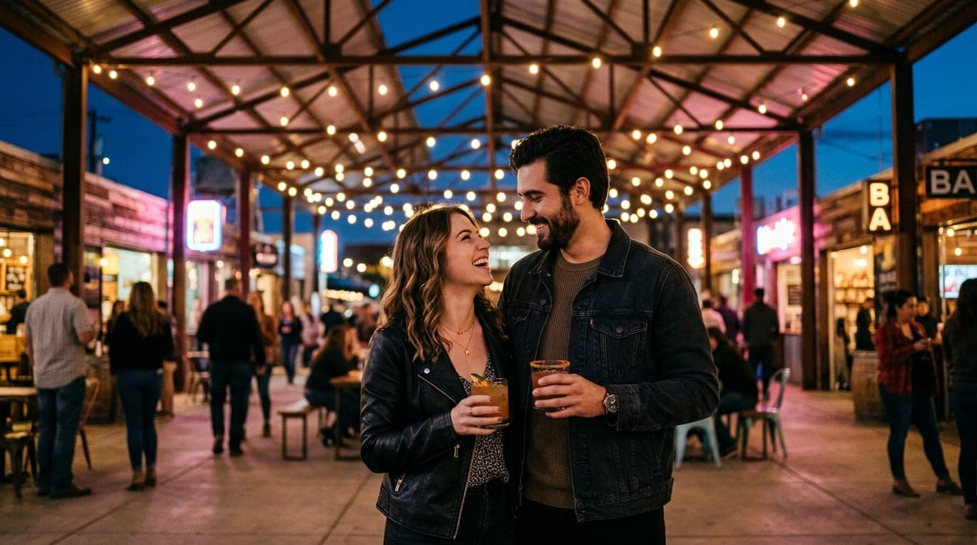 A wide shot of a couple standing in the warm, ambient glow of the Sawmill Market courtyard at night, holding artisanal coc...