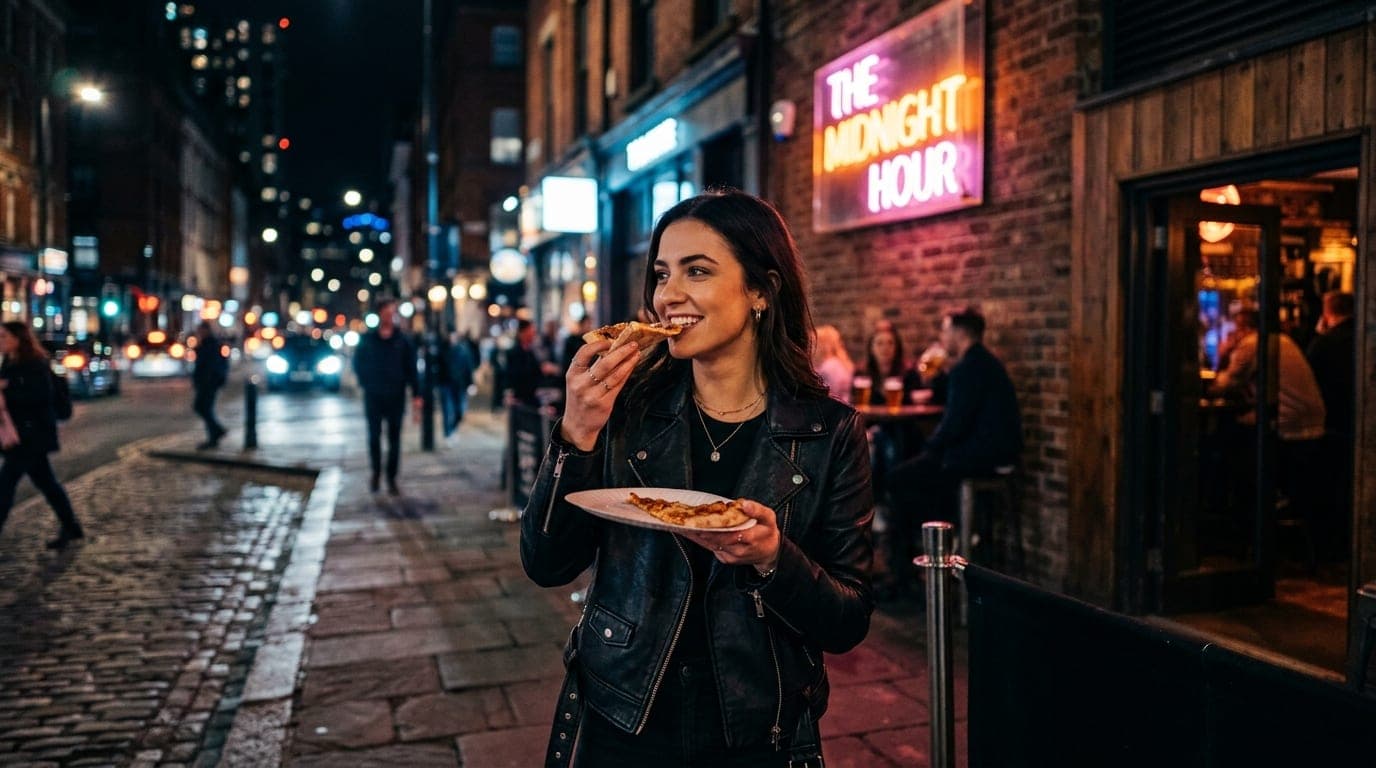 A woman in a leather jacket stands near a glowing, industrial-chic neon sign outside a hidden bar. She holds a takeaway sl...