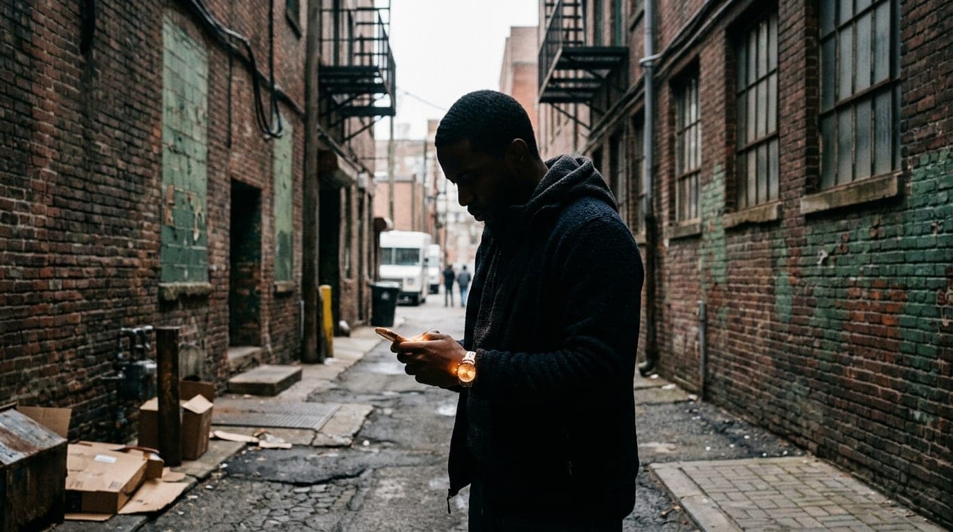 An 85mm portrait captures a person’s silhouette at a brick-walled Medical District alleyway during an overcast morning. An...