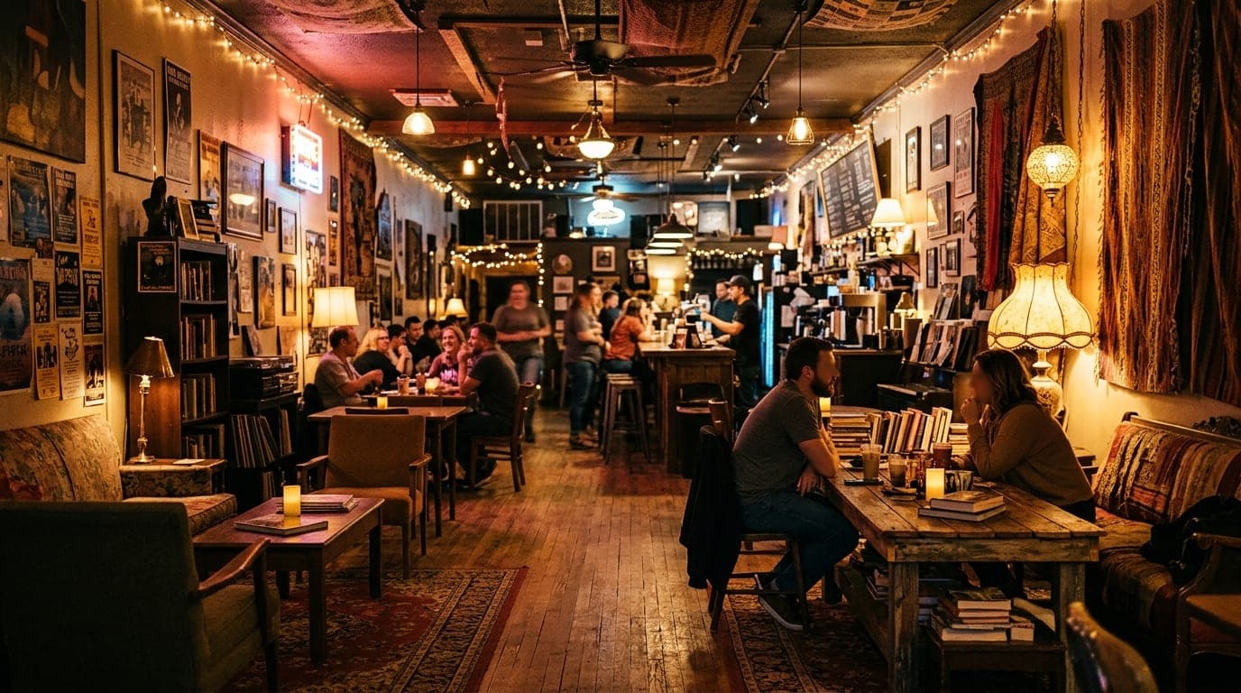 A 24mm wide-angle, centered shot of The 806 Coffee + Lounge’s eclectic interior at night. A couple sits at a corner table,...
