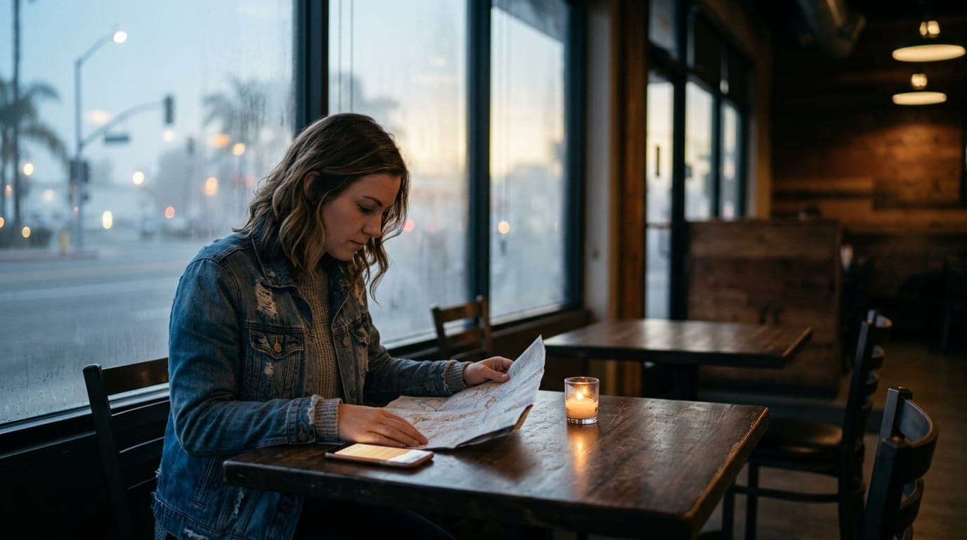 A woman in a denim jacket sits at a dark-wood corner table in a quiet Anaheim cafe, holding a crumpled paper map beside an...
