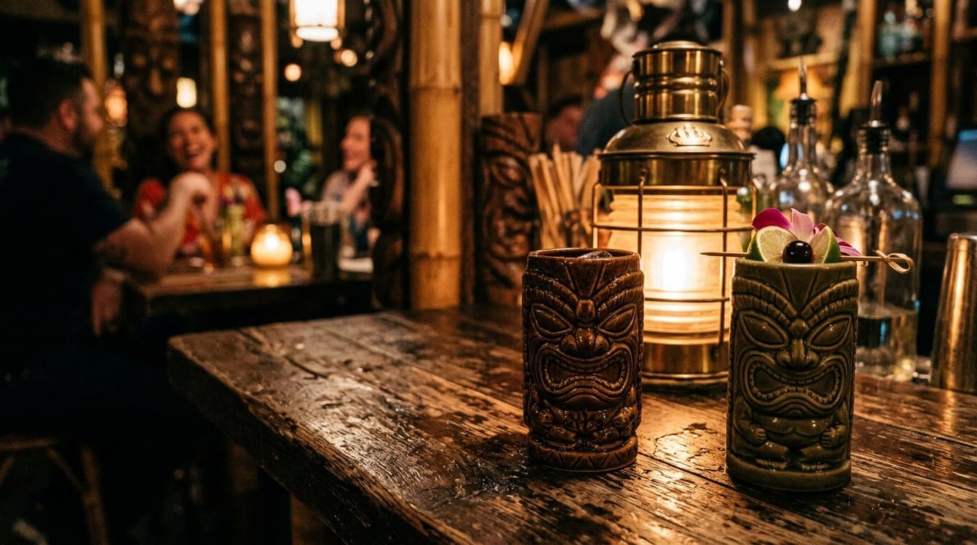 A close-up, 100mm macro shot inside a dimly lit tiki bar. Two ornate ceramic mugs sit on a weathered wooden table, reflect...