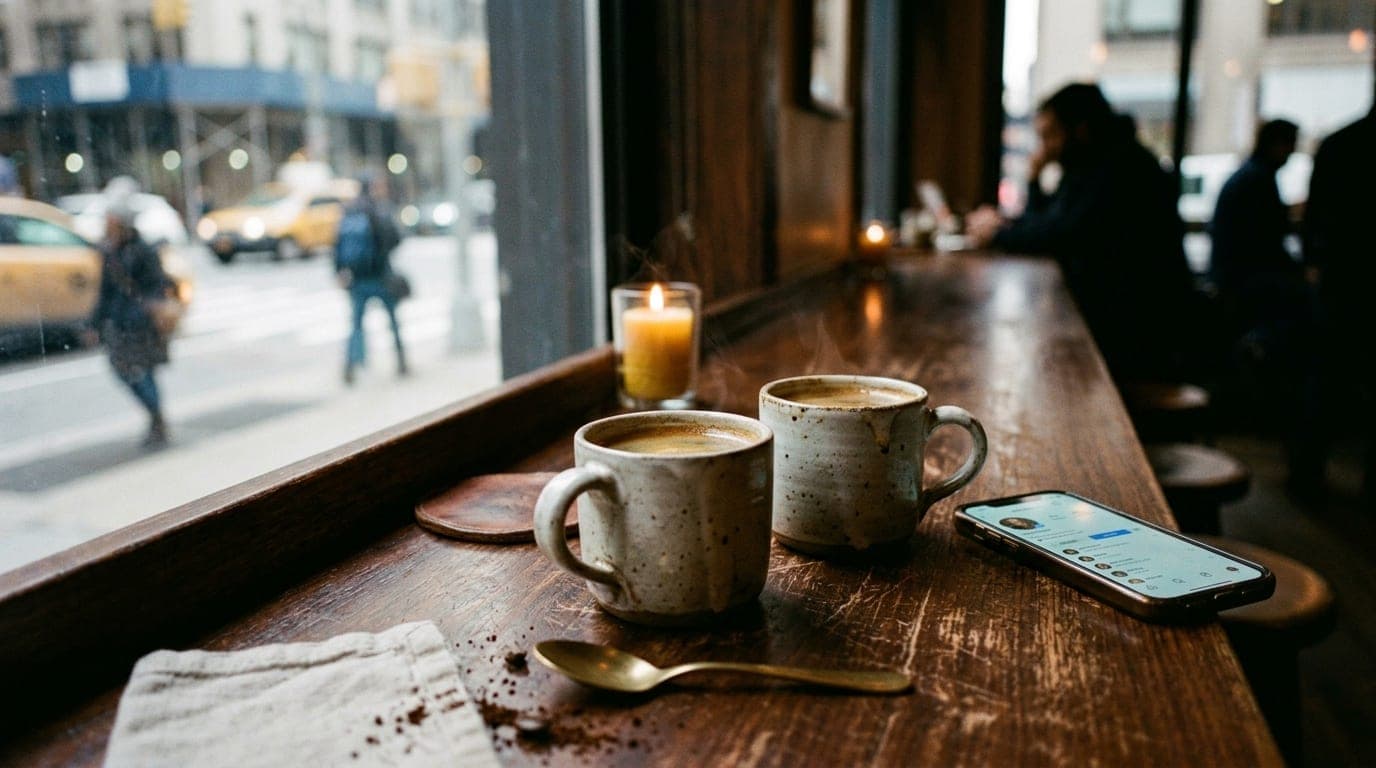 A close-up 35mm shot at a Midtown café bar. Two steaming mugs of local coffee sit on the wooden counter, next to a smartph...