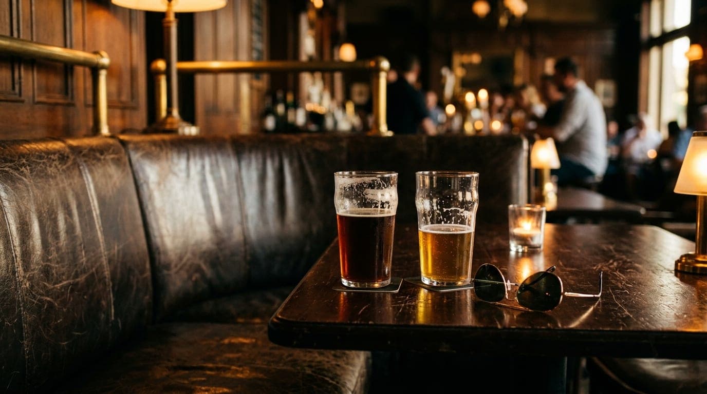 An 85mm close-up of a scratched leather booth at a dimly lit hotel bar. Two half-empty craft beer glasses sit on dark wood...