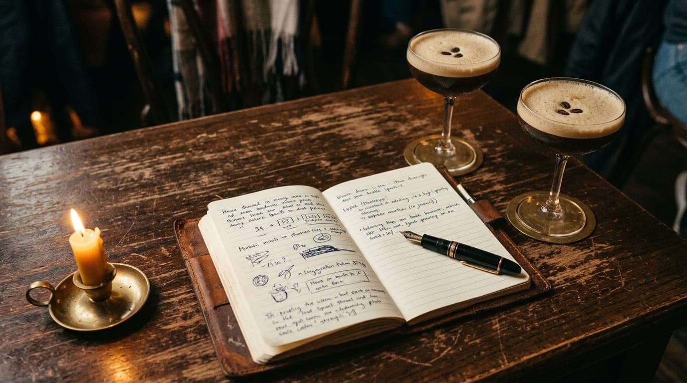 Macro 100mm shot of a dark-stained bistro table in Kerrytown. An open, leather-bound notebook lies beside a vintage founta...