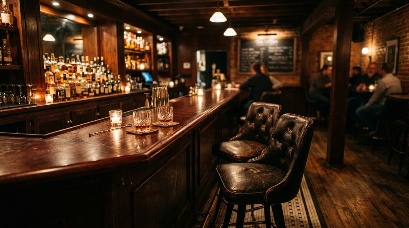 Wide establishing shot of a dimly lit, underground speakeasy bar in Ann Arbor. Two leather stools face the mahogany counte...