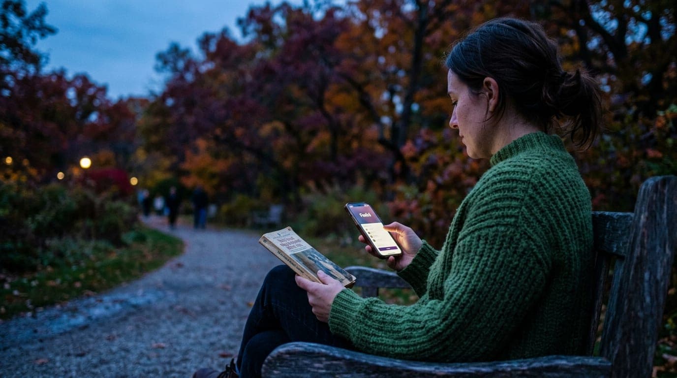 A woman in a thick wool sweater sits on a weathered wooden bench in the Nichols Arboretum at blue hour, holding a vintage...