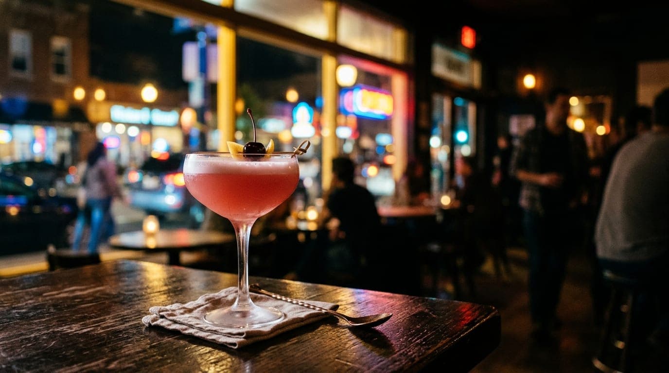 Low-angle hero shot of a modern cocktail in a chilled coupe glass on a dark, polished wood table at Nightcap, blurred Main...