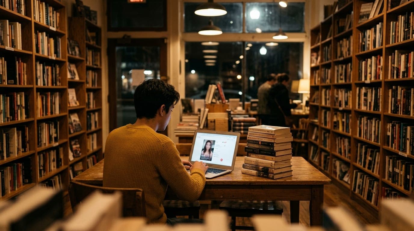 A wide-angle, symmetrical shot of a worn wooden table inside a cozy, dimly lit Ann Arbor bookstore at night. A laptop disp...