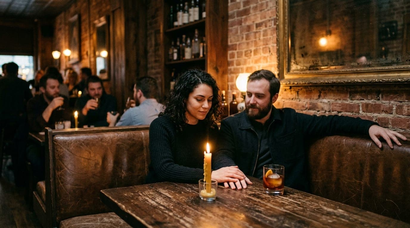 A medium shot, candle-lit interior of a Kerrytown speakeasy. A couple sits in a leather booth, hands inches apart. A singl...