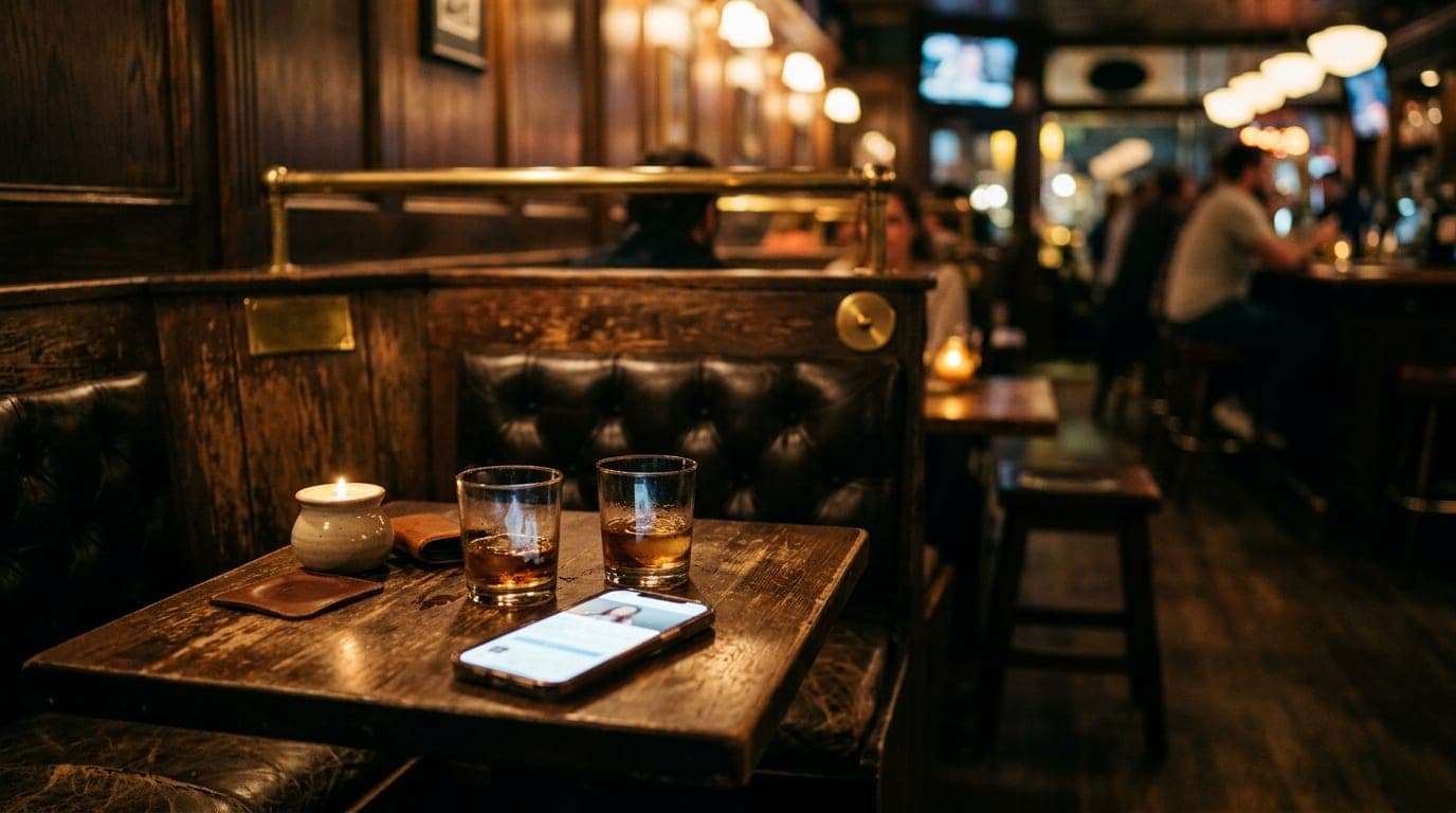A dimly lit corner booth at a College Avenue lounge features a glowing smartphone displaying a profile, resting beside two...