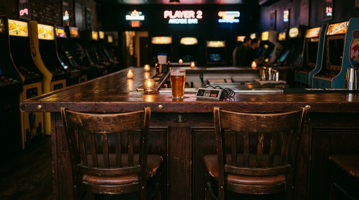 A medium shot captures two barstools at Player 2 Arcade Bar, centered symmetrically. A half-poured craft beer sits beside...