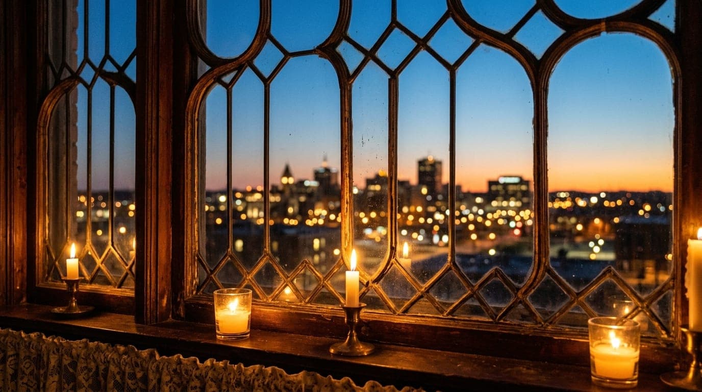 A warm, candle-lit view through an ornate window at the Hearthstone Historic House, capturing the glowing Fox Cities skyli...
