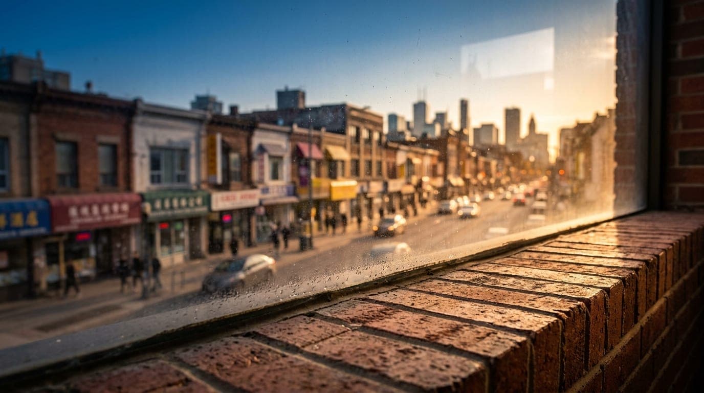A tight, tilt-shift macro shot through a sun-drenched window, focusing on a textured brick ledge. Leading lines of College...