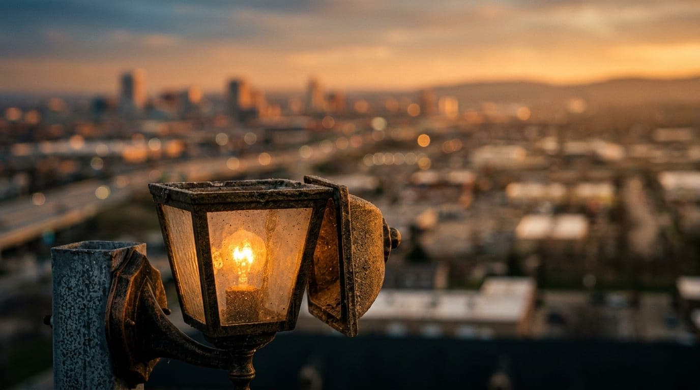 An extreme macro shot of a single flickering amber streetlamp housing against the blurred, golden-hued silhouette of the d...