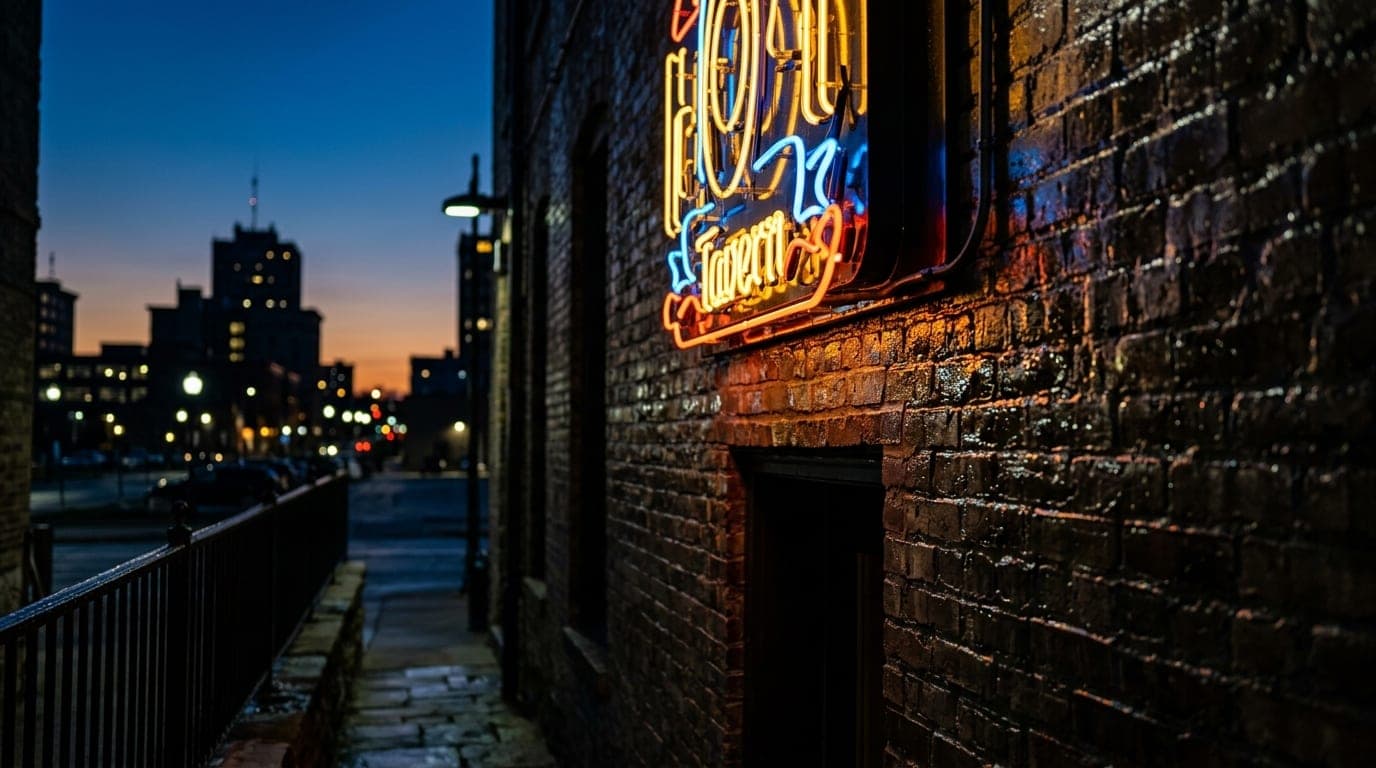A 100mm macro shot focusing on a glowing, neon-lit tavern sign reflecting off a wet, rain-slicked brick alleyway wall in d...
