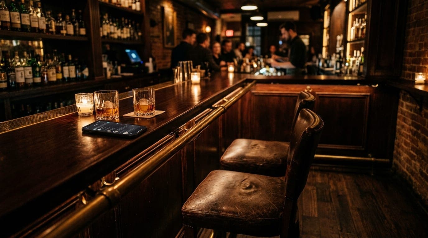 A low-angle shot inside a dimly lit Appleton cocktail bar. Two leather barstools face a polished counter, where two half-f...