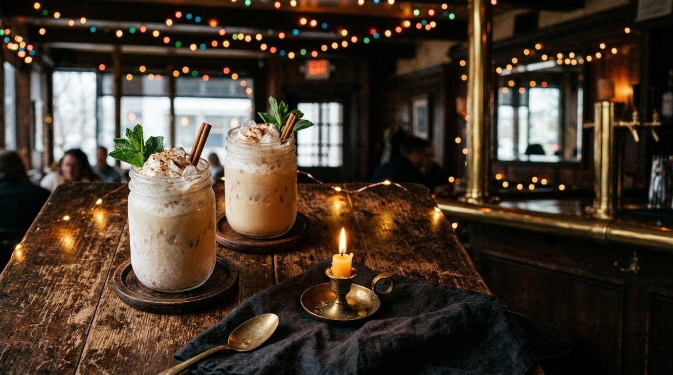 An 85mm portrait shot in the cozy interior of Cleo’s Brown Beam Tavern. Two glasses of icy Dirty Snowballs sit on a worn w...