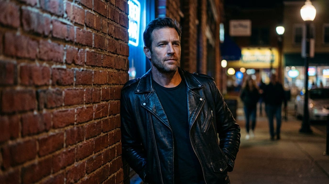 Low-angle hero shot of a man in a black leather jacket leaning against a weathered red brick wall in North Arlington, illu...