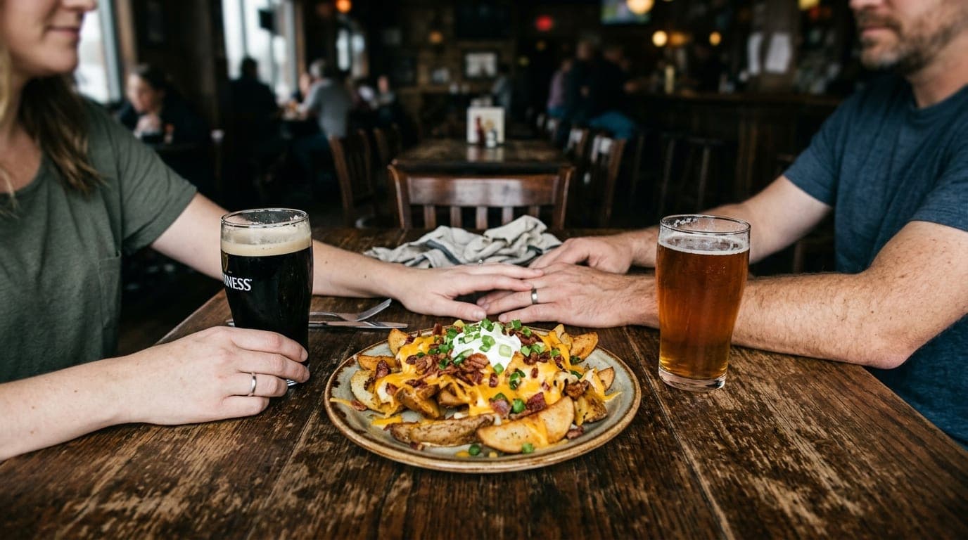 Tilt-shift selective focus on a worn wooden table at J. Gilligan's. A plate of Irish Nachos sits between two craft beers,...