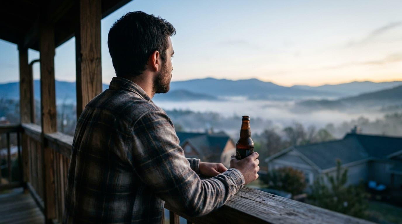 Over-the-shoulder shot at blue hour: a man in a flannel shirt holding a locally brewed IPA, looking out toward the hazy Bl...