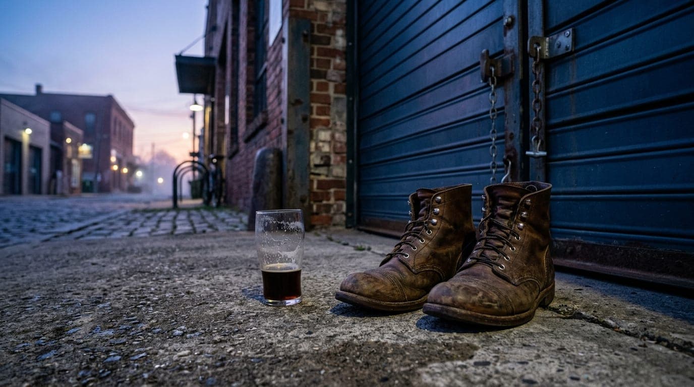 A low-angle shot from the pavement shows a pair of worn leather boots standing outside the Wedge Brewing roll-up door at t...