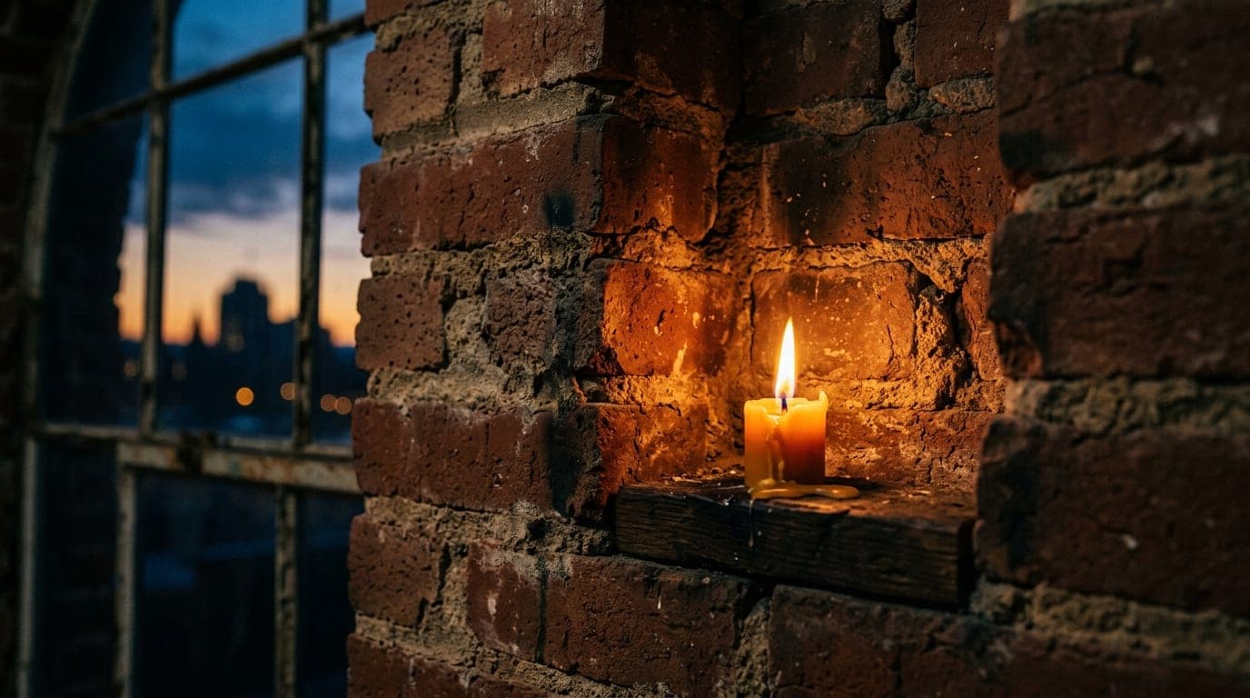 A tight 100mm macro shot captures a flickering candle illuminating the weathered brick texture of a downtown Asheville bui...