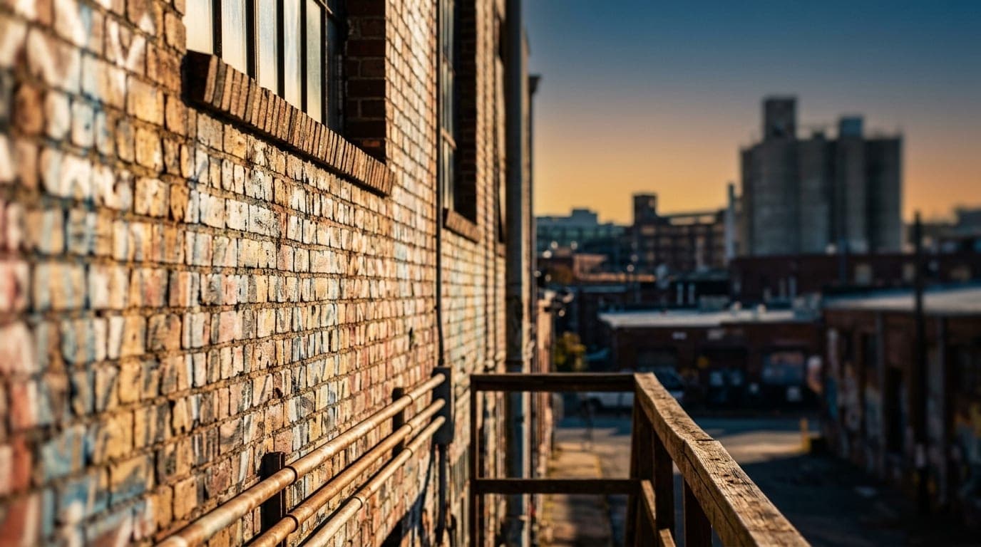 A tilt-shift close-up of a weathered graffiti-covered brick wall in the River Arts District, bathed in noon sunlight throu...